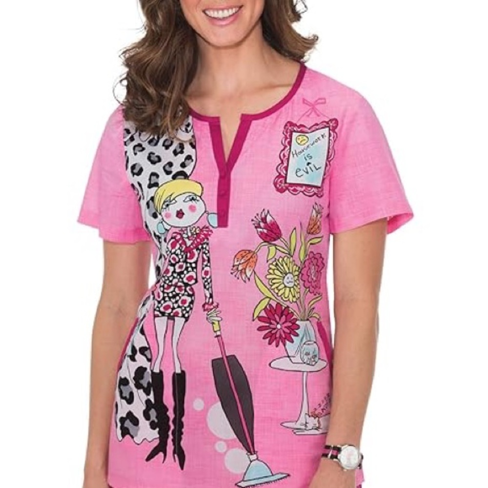 KOI LIMITED EDITION Pink lightweight scrub top Housework Is Evil & Cat Size M